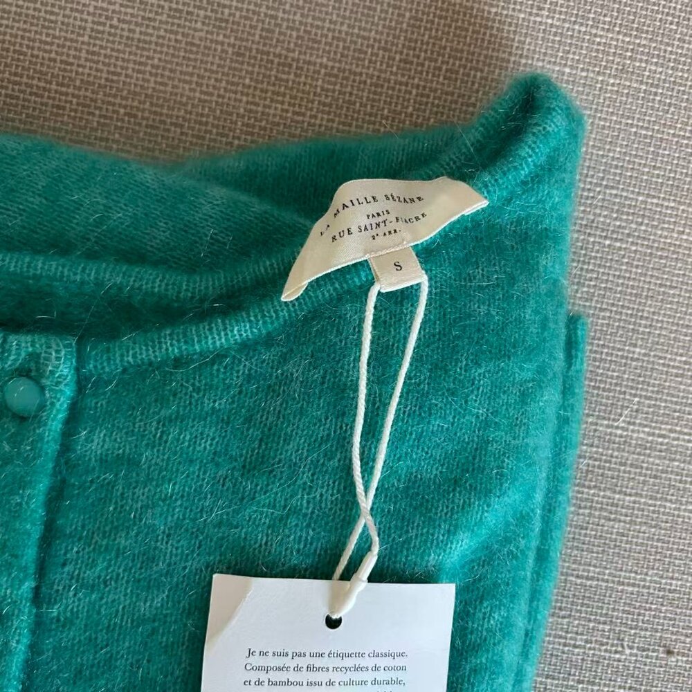 NWT Sezane Paco Cardigan Small Sweater Reversible Emerald Blue Mohair - Picture 6 of 9